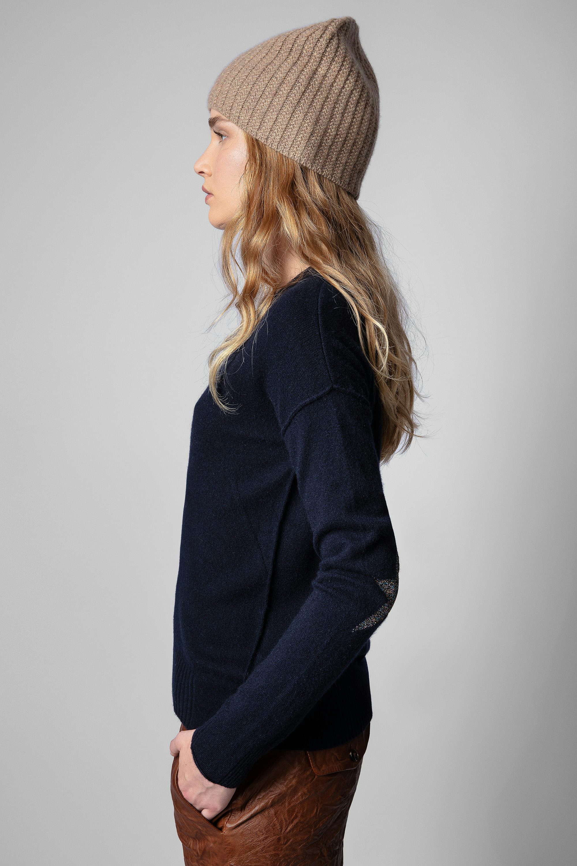 Vivi Cashmere Sweater - Women's navy blue cashmere sweater with star patches